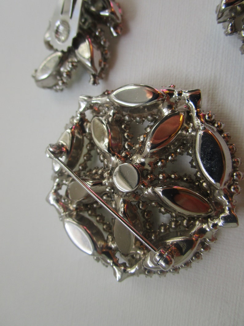 Stunning matching WEISS set earrings and brooch unsigned Weiss rhinestone pin and earrings set AB crystals silver flower Weiss demi parure
