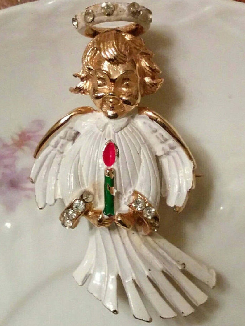 Signed HATTIE CARNEGIE angel brooch Christmas pin rare white enamel with rhinestone halo candle pave vintage cherub pin book piece holiday