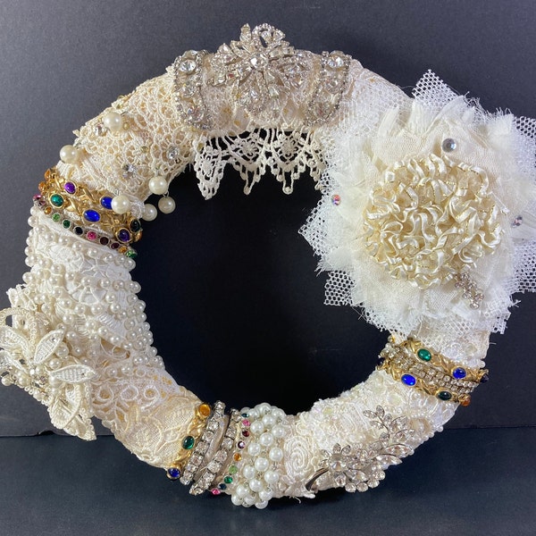 10" lace wreath venise lace pearls rhinestones handmade flowers brooches @CreekwoodCottageChic, etsy.com