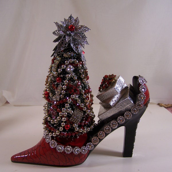 Elegantly Jeweled Unique Christmas Shoe Tree w/ Gifts in Bedazzled Red High Heel Shoe Done in Faux Reptile Skin by CreekwoodCottageChic--154