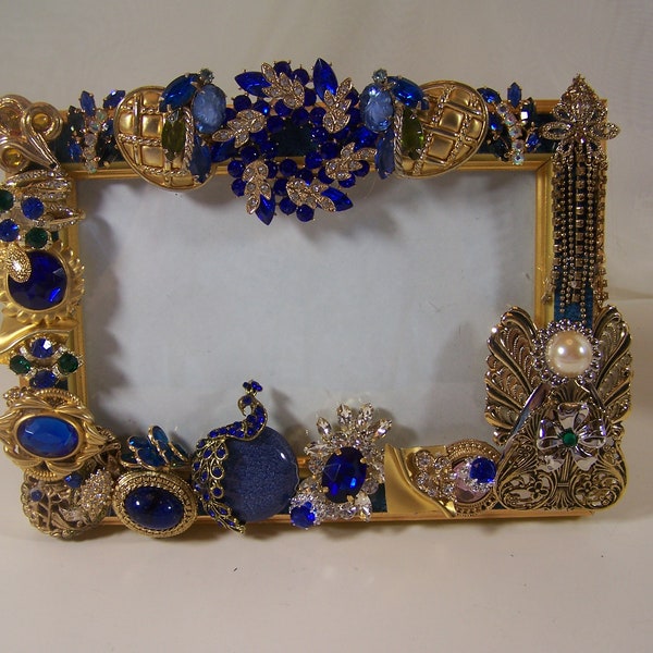 Picture Frame Blue n Gold Rhinestones Gold Tone Angel Peacock
