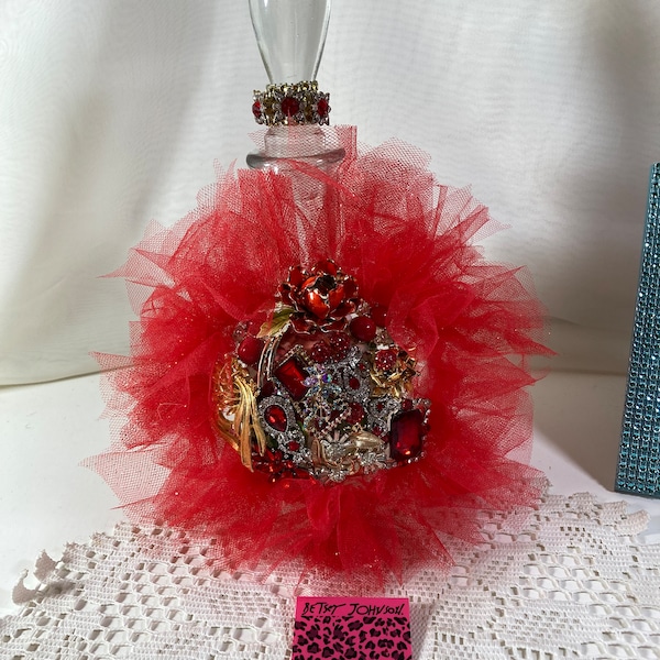 11" Refillable Bottle Jeweled w/Red and Gold Gems Surrounded by Ruffled Red Illusion Red Gems at the Top of the Bottle @CreekwoodCottageChic