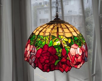 Tiffany-style Lotus Hanging Lamp, handmade with art glass