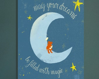 Que tus sueños se llenen con arte mágico de la pared Cartel de buenas noches y luna Imagen de la habitación de los niños soñolientos Oso a la hora de dormir guardería estrella nocturna