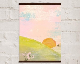 Sunrise Meadow Nursery Wall Art Relajante cartel de primavera Linda imagen de la naturaleza Premium Paper Hanger opciones de marco mañana sol pájaros Campo