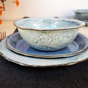 Handmade Dinnerware Set, Blue Stoneware plates, ISRAEL Ceramics