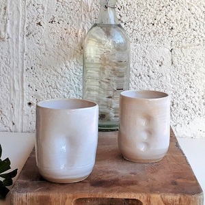 Small White Ceramic Tumbler – Dimpled Cup with Finger Grip, Handmade Mug
