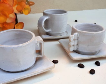 3 Espresso Cups with saucer. Handmade in Israel. Eclectic cups