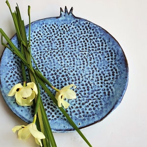 Sky Blue Ceramic Pomegranate Plate – Handmade Decorative Dish made in Israel