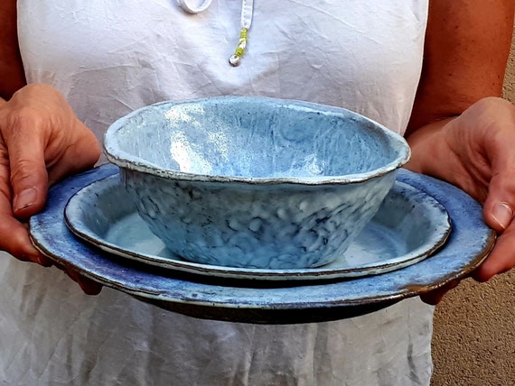 Ceramic Dinner Set for Six Blue Rustic Stone Ware Set 18 Piece