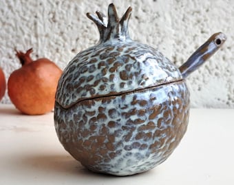 Sugar Bowl with spoon, Ceramic Pomegranate container handmade in ISRAEL