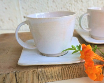 White  Cappuccino Cup with saucer , 8 fl.oz / 260 ml , Handmade Stoneware