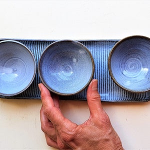 May include: A blue ceramic serving tray with three small blue bowls. The tray has a textured surface and the bowls have a smooth, glazed finish.