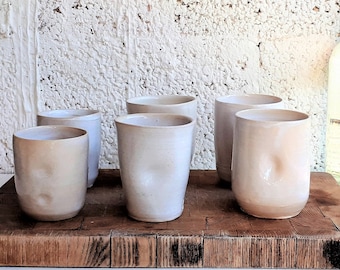 Six White Tumblers in Three Sizes, Handmade Thumb Cup