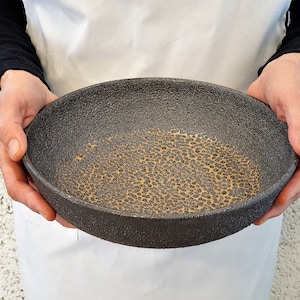 Large Black Brown Ceramic Bowl with pebble texture
