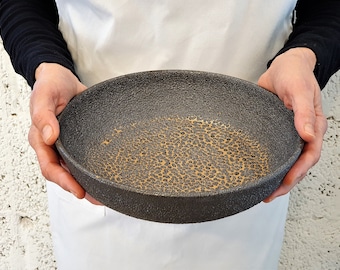 Large Black Brown Ceramic Bowl with pebble texture
