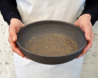 Large Black Brown Ceramic Bowl with pebble texture