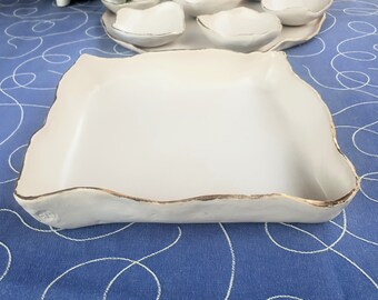 White/Gold Mazza Tray for Passover,  Handmade Ceramic in Israel