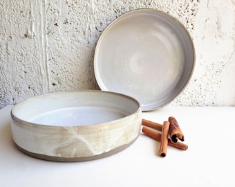 Large Ceramic Bowl, white/gray Baking Dish  handmade in Israel