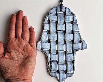 Large Blue Hamsa Wall Hanging, Ceramic hand of fatima