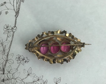 Broche Antique Vintage Avec Grosse Pierre Faux Rubis Plaqué Or - Occasion, Métal Laiton