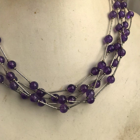 Real Amethyst Sterling Silver Bead Necklace 5 Str… - image 3