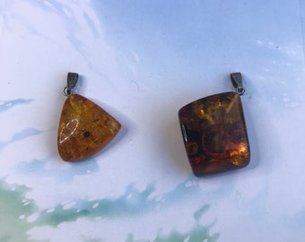 2 Real Amber Pendants Vintage , 2 X Real Ancient Natural Baltic Yellow Amber Pendants Silver Plated with inclusion particles Fine