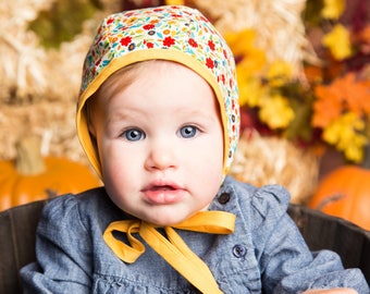 Reversible baby bonnet// brimmed bonnet// Fall bonnet// Floral Bonnet, Mustard Yellow// Baby Sun hat// classic baby bonnet// bonnet for girl