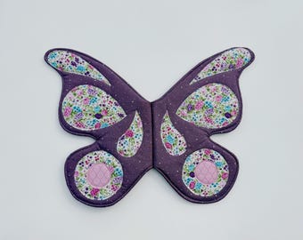 READY TO SHIP grape purple wings with white dots and purple, teal, pink  floral applique Fairy Wings, wearable butterfly wings for kids