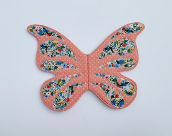 READY TO SHIP light orange with mint floral applique Fairy Wings for kids// wearable butterfly wings for children//cotton topstitched fabric