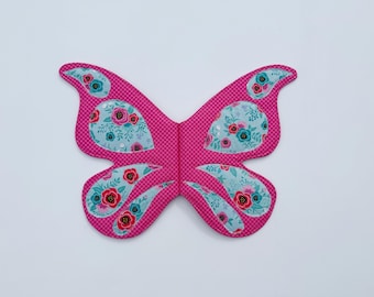 READY TO SHIP - pink wings with gingham print and turquoise floral applique// wearable fairy wings for kids// butterfly wings for children