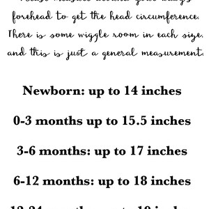 May include: Size chart for baby head circumference, showing measurements in inches for newborn to 2T-3T sizes. Newborn: up to 14 inches, 0-3 months: up to 15.5 inches, 3-6 months: up to 17 inches, 6-12 months: up to 18 inches, 12-24 months: up to 19 inches, 2T-3T: up to 20.5 inches.