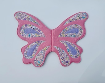 READY TO SHIP bubblegum pink with white dots and purple floral applique// wearable fairy lacewings for kids// butterfly children