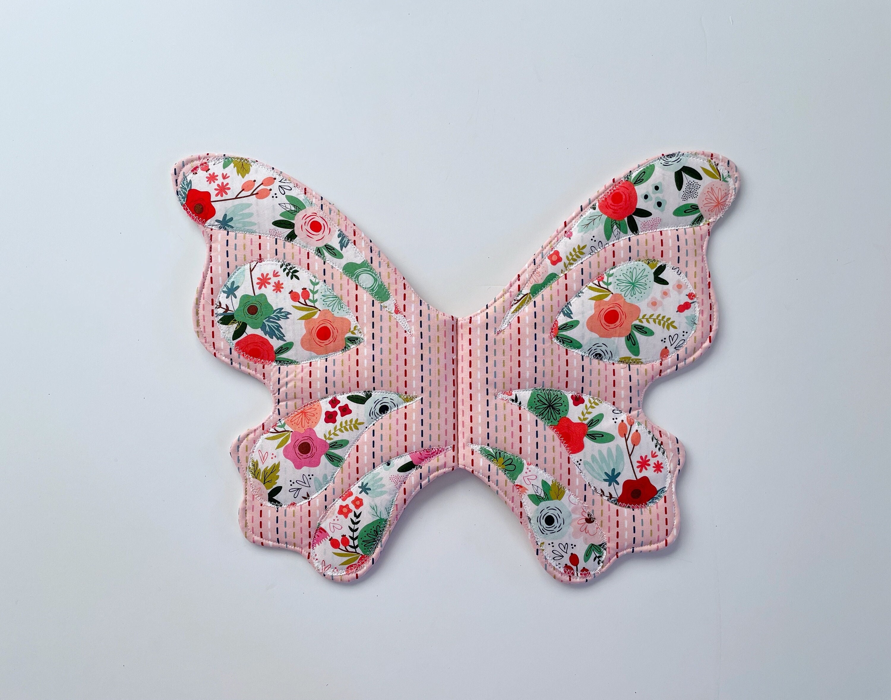 Pink "stitches" with white floral applique butterfly wings// wearable fairy wings for children// quilted fabric wings for kids// lacewing