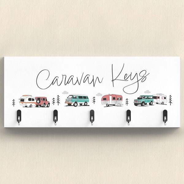 Caravan Keys Key Rack 5 Hooks Key Holder Hanger Wall Hook Keyrack Retro Caravan Pictures 11.9x30cm Large