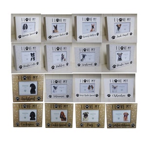 May include: A set of 12 white and wood photo frames with paw prints and the text "I Love My" followed by the name of a dog breed. The frames are arranged in four rows of three.