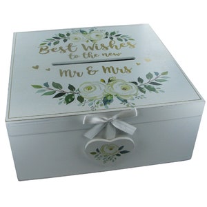 Boîte de message de mariage Décor Decor Meilleurs voeux M. & Mme En bois Blanc Vert Fleurs Assorties Gamme Disponible