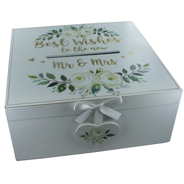 Wedding Message Box Venue Decor Best Wishes Mr & Mrs Wooden White Green Flowers Matching Range Available