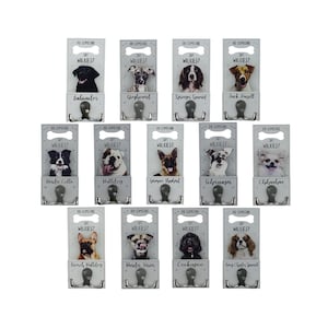 May include: Set of 12 dog breed themed hooks. Each hook features a different dog breed with the text "Do someone say walkies?" and the breed name below. The hooks are silver and have two hooks each.