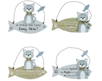 Cat Plaque Fish Shaped Wooden Wall Plaques Choice Of 4 Sentiments Humour Sign