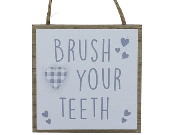 Plaque Brush Your Teeth  Bathroom Rules WC Toilet Rules Wall Plaque Bathroom WC Décor Wood Hanging Sign Grey White Hearts Children’s