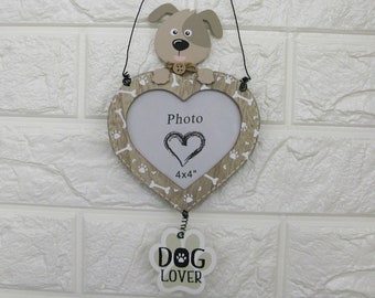 Dog Lover Heart Photo Frame Wall Hanging Picture Frame Wooden Cream 4x4" Height 28cm 75972