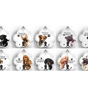 May include: Set of 10 white paw-shaped dog coat hooks with different dog breeds printed on them. Each hook has the text "Did someone say walkies?" printed on it.