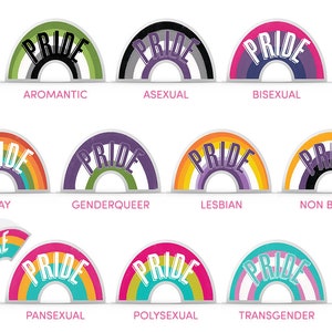 May include: A set of 10 rainbow pride flag stickers with the word "PRIDE" in white text. Each sticker represents a different sexual orientation or gender identity: Aromantic, Asexual, Bisexual, Gay, Genderqueer, Lesbian, Non-Binary, Pansexual, Polysexual, and Transgender.