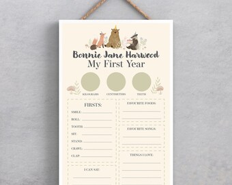 Personalised 'My First Year' Wooden Plaque, Woodland Nursery Decor
