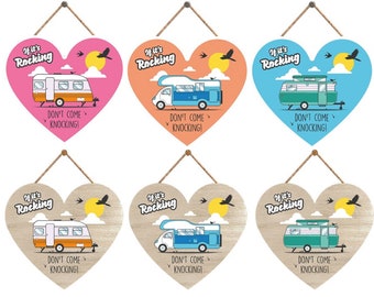Campervan Caravan Heart Plaque Sign If its Rocking Don’t Come Knocking Rude Fun Humour Hanging Natural Wood Effect Colourful 10x9cm