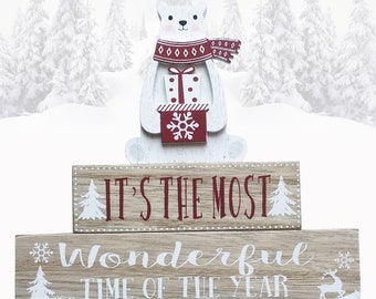 Christmas Plaque Polar Bear Most Woderful Time Of The Year Wooden Xmas Sign Freestanding