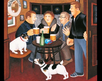 May include: A painting of four people sitting around a table in a pub, drinking beer. There is a dog on a leash in the foreground. The sign above the door says "Nova Scotia".