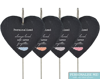 Personalised Grave Stick Marker Any Name Colour Feather Ornament Memorial Plaque Memory Special Love Heart Slate Hanging Graveside Stake