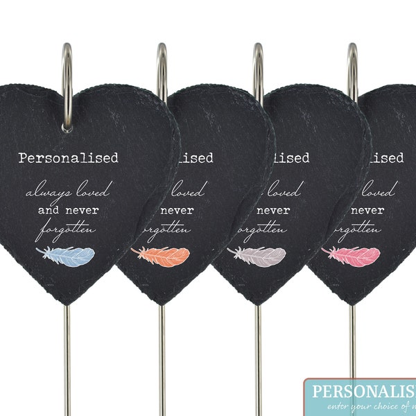 Personalised Grave Stick Marker Any Name Colour Feather Ornament Memorial Plaque Memory Special Love Heart Slate Hanging Graveside Stake